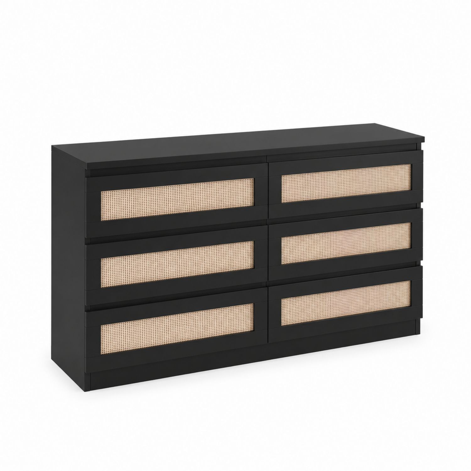 Komoda drewniana z rattanem 6 szuflad czarna