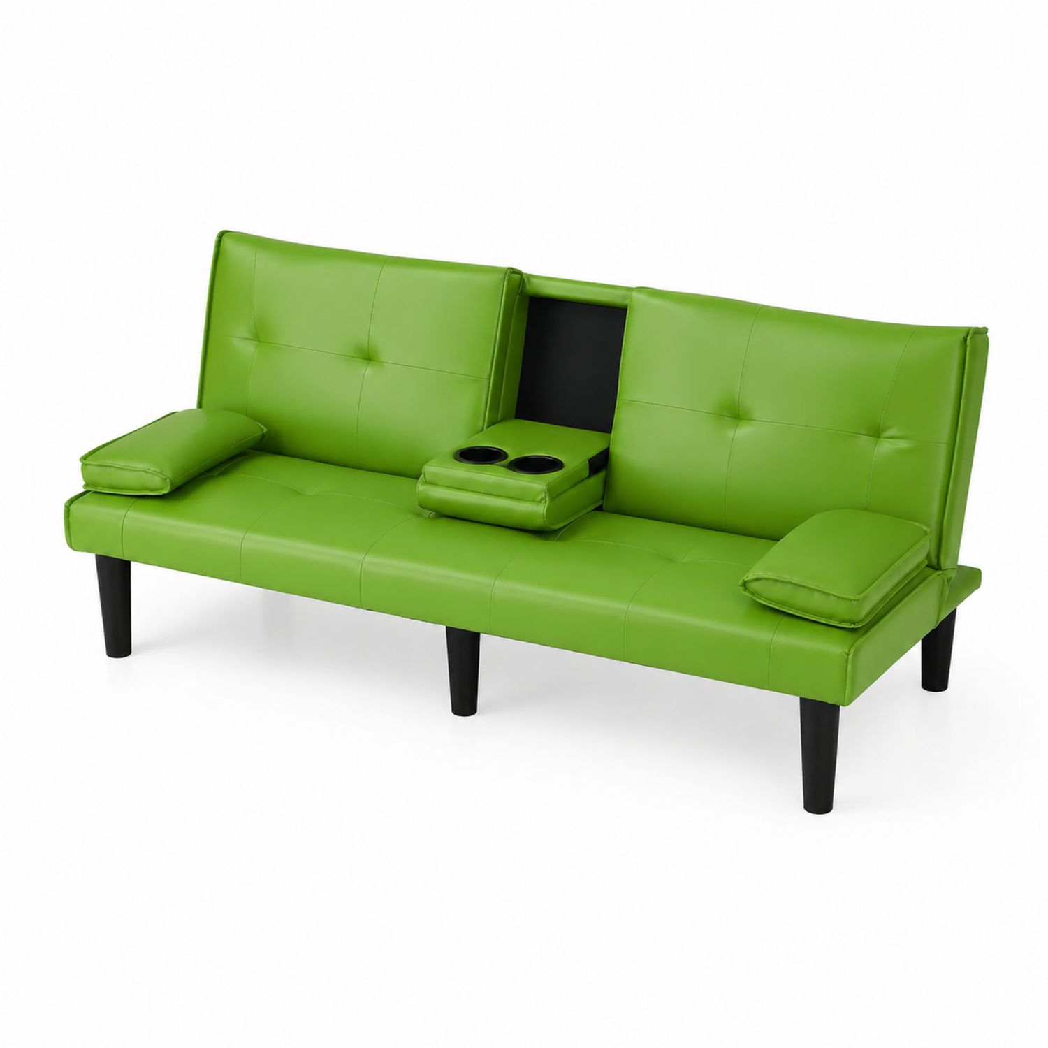 Sofa rozkładana z ekoskóry z uchwytami na kubki w kolorze Zielonym