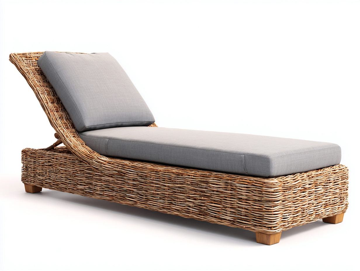 Tumbona de ratán natural 185x70x80 cm color natural gris para jardín - respaldo reclinable estilo contemporáneo-Zidorranest