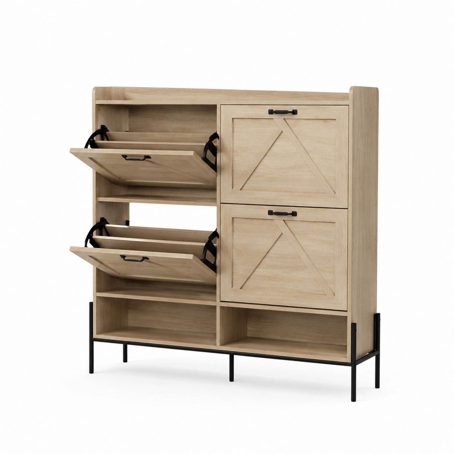 Schuhkommode aus MDF-Holz und Stahl mit Klapptüren, Natur