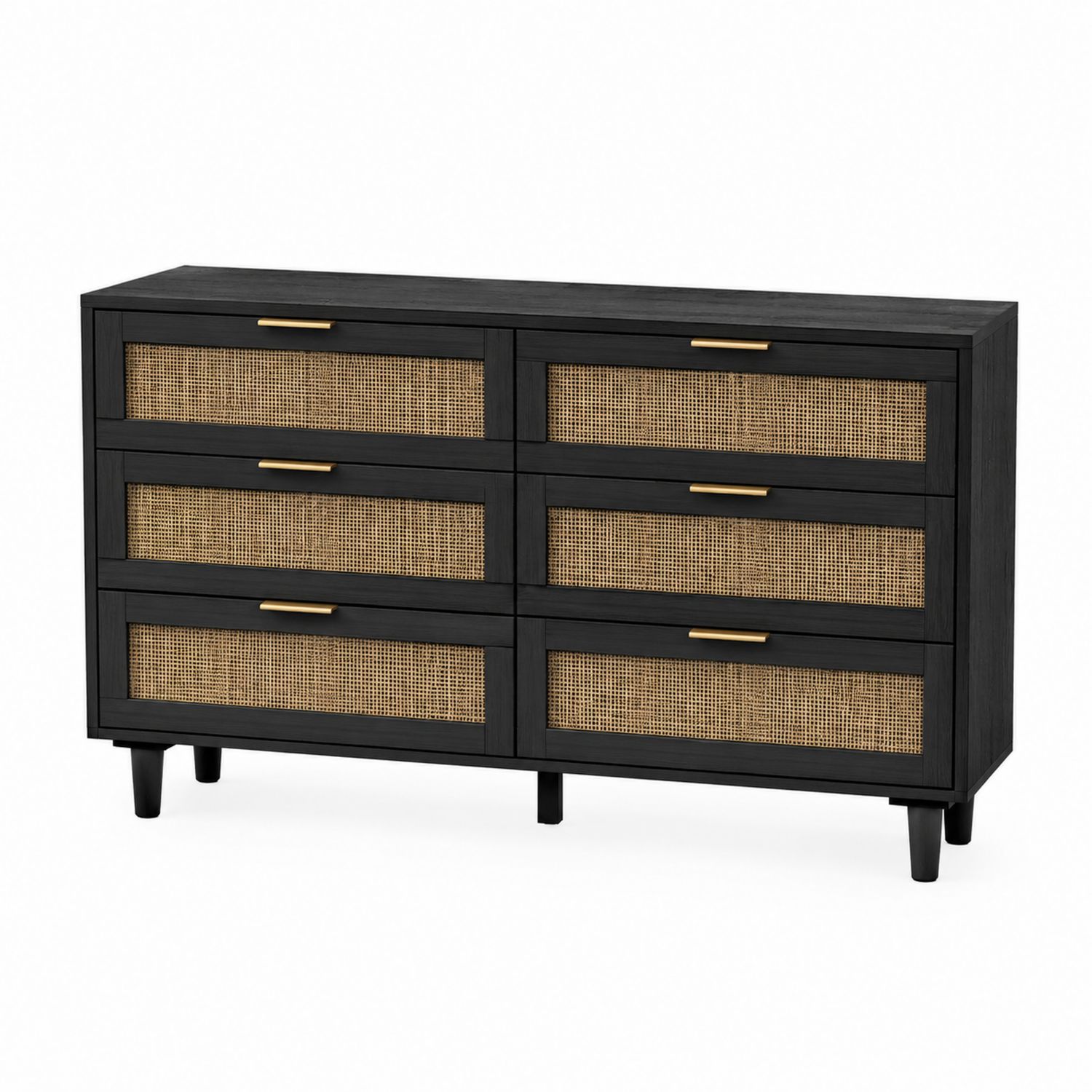 Kommode mit 6 Schubladen aus Holz und Rattan, Schwarz und Natur