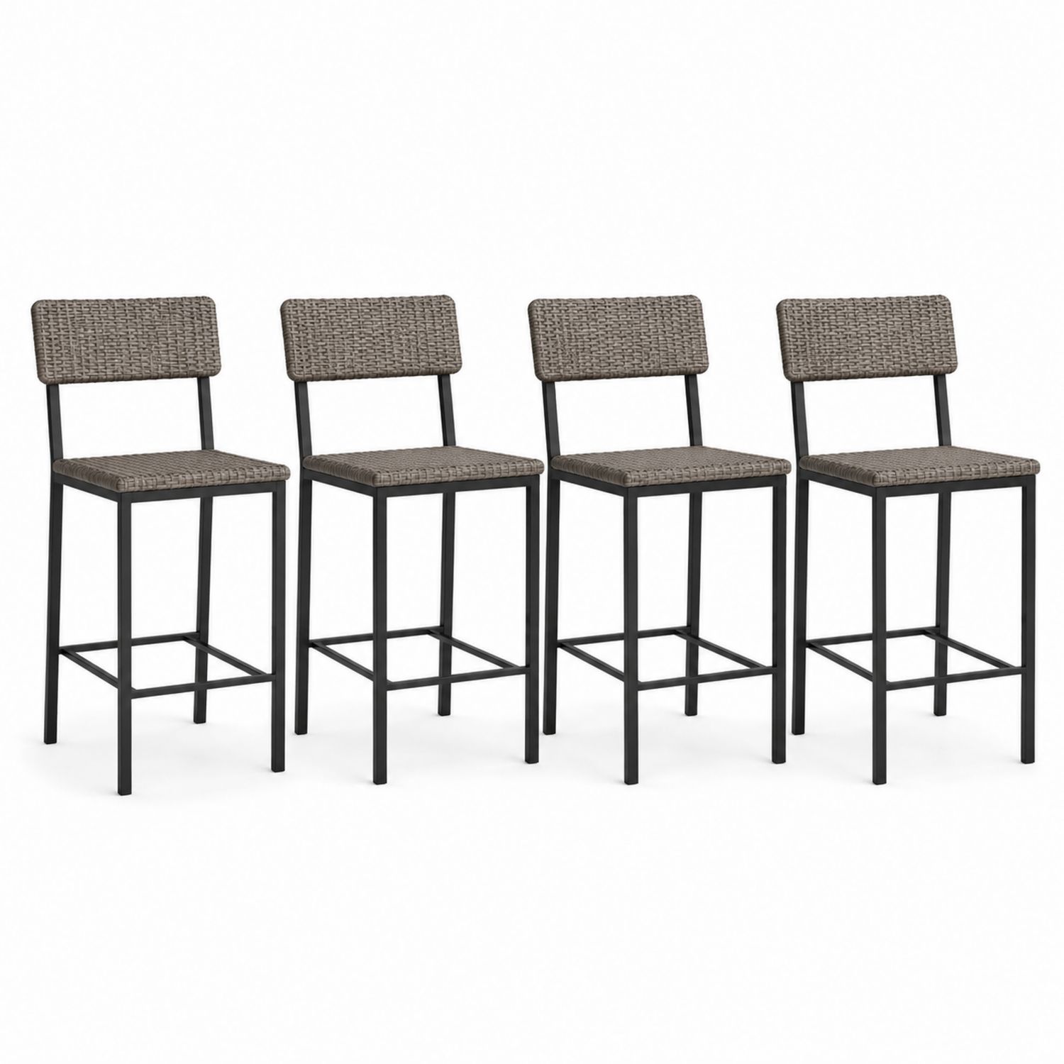 4er Set Barhocker mit Rattan Geflecht und Metallrahmen Grau