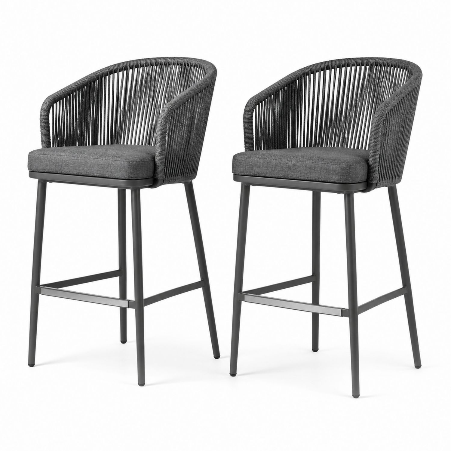 2er-Set Barhocker mit Rückenlehne Seilgeflecht Stahl Grau