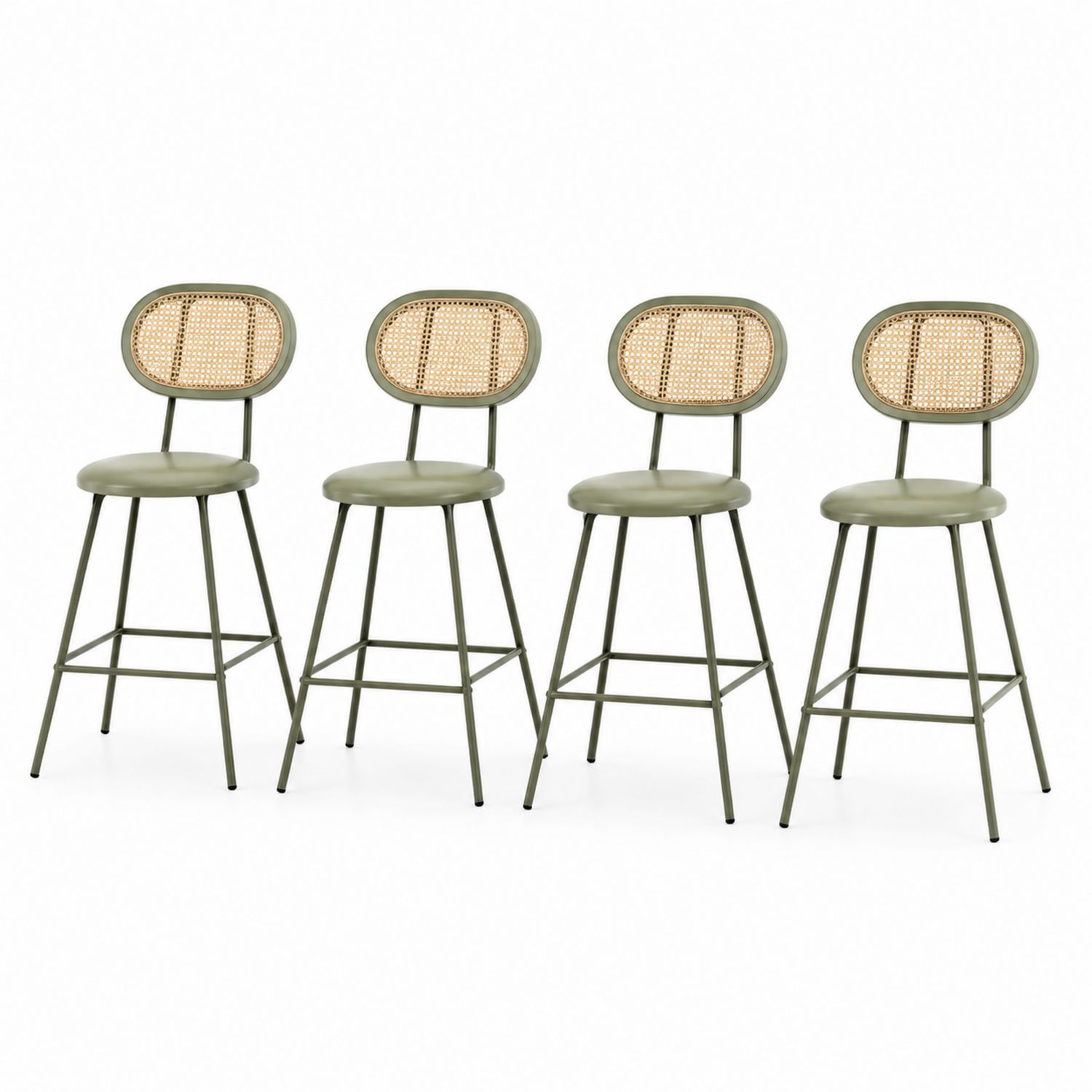 4er-Set Barhocker mit Metallgestell und Rattan-Rückenlehne Olivgrün