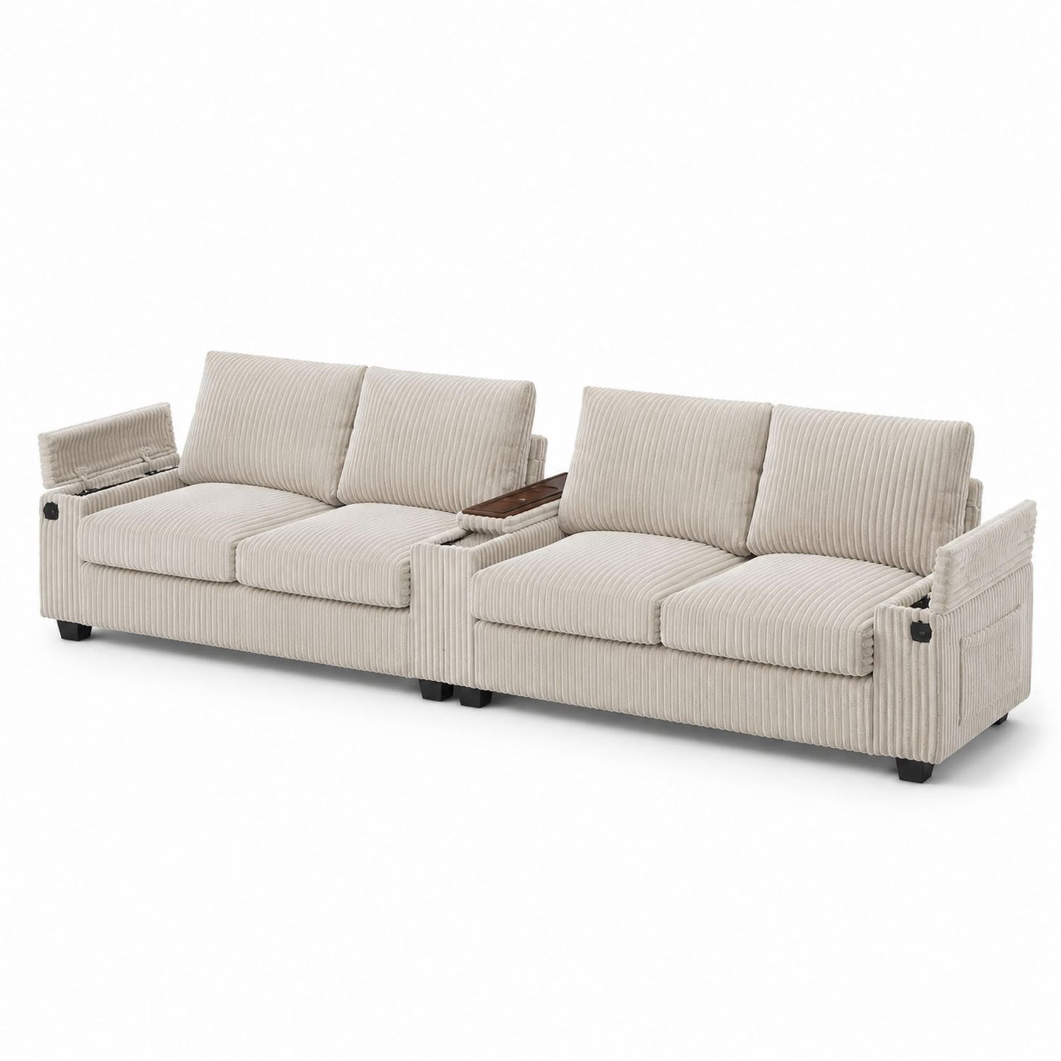 Modulares Sofa-Set aus Cord in Beige mit Holzablage, 2-teilig