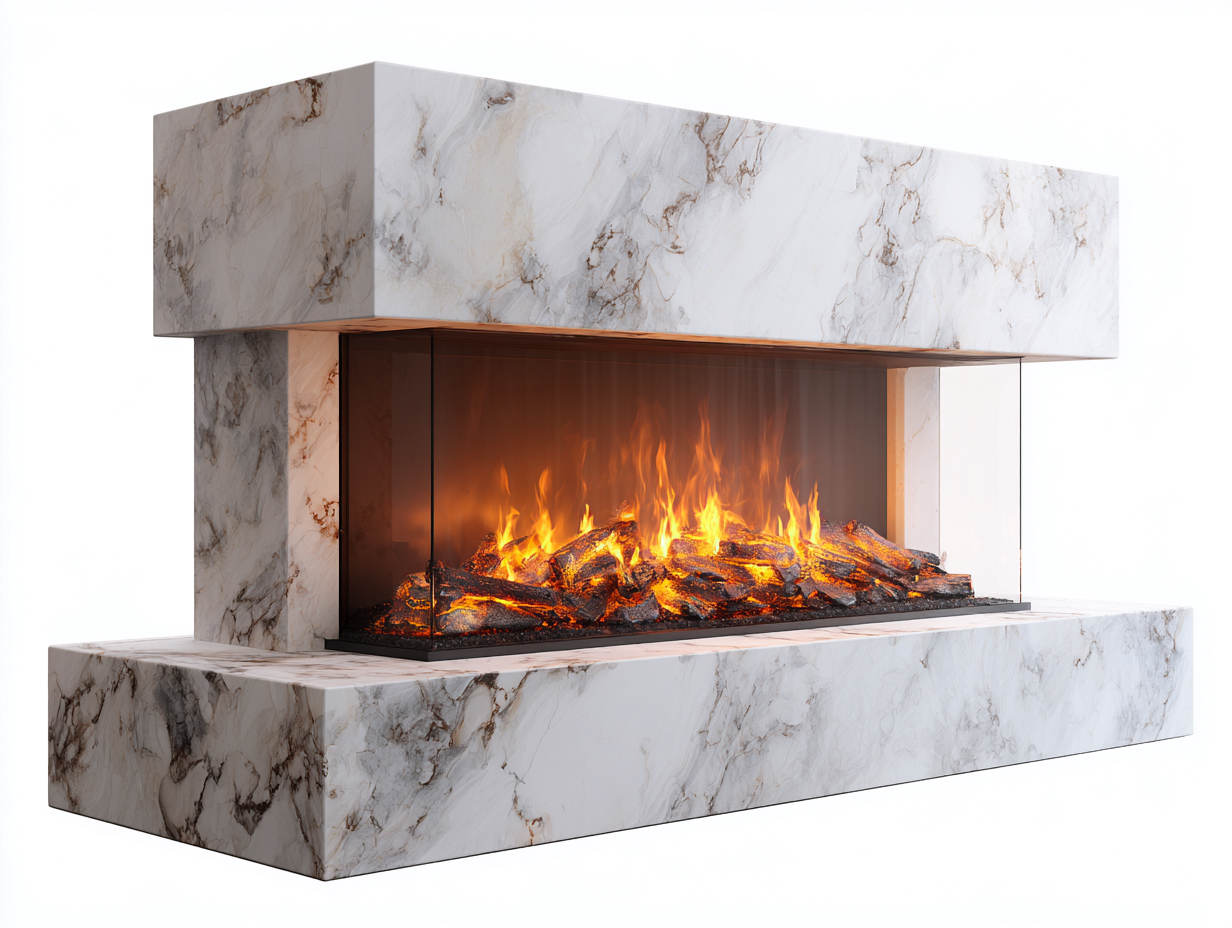 Kamin Elektrisch Marmoroptik 180x38x110 cm - Weiß-Grau - Panorama Glasfront - Modernes Design-Sisaiohaven