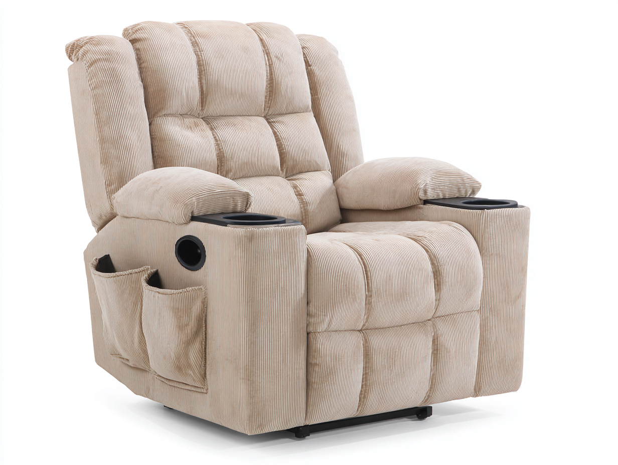 Liegesessel Cord 92 x 95 x 104 cm - Beige - für Wohnzimmer - mit Getränkehaltern und Seitentaschen - komfortables Design-Sisaiohaven