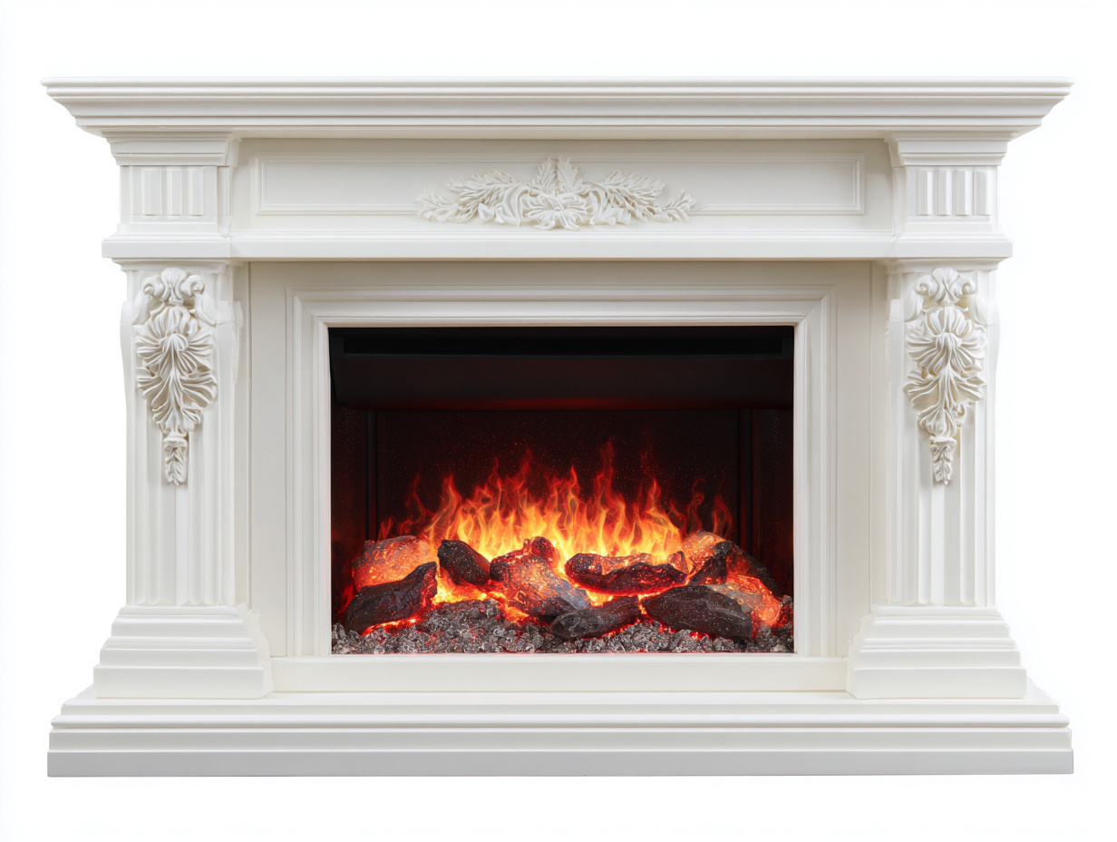 Kamin in Weiß 150 x 38 x 112 cm - für Wohnzimmer - mit klassischer Zierornamentik - elegantes Design-Sisaiohaven