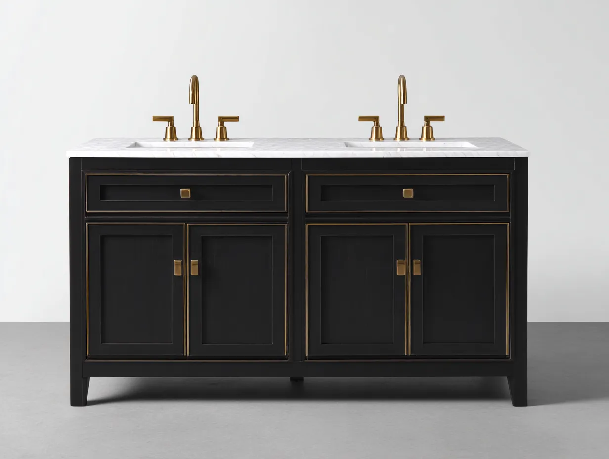 Waschbecken 140x52x88 cm - Schwarz und Weiß - Doppelwaschplatz mit Marmoroptik und gerahmter Front für Badezimmer-Hadorfahaus