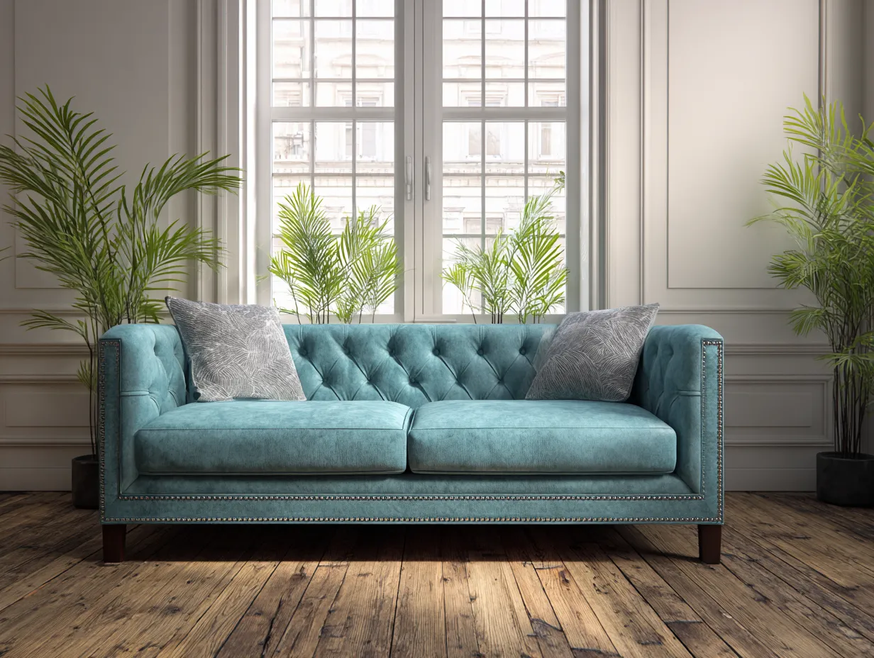 Zweisitzer Samtsofa 172x87x80 cm - petrol und dunkelbraun - für das Wohnzimmer - Chesterfield Akzent-Hadorfahaus