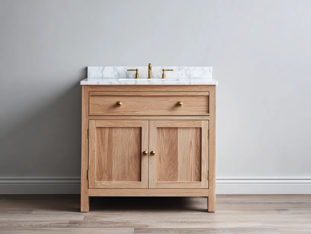 Waschbecken 80x48x86 cm - Eiche Natur und Weiß - Badmöbel mit Marmoroptik und Schublade für Badezimmer-Hadorfahaus