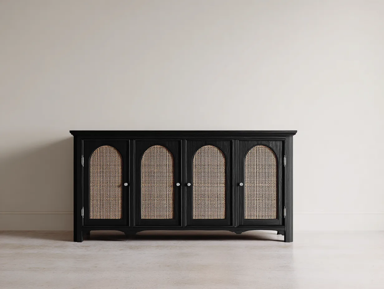 Sideboard 178x43x82 cm - schwarz und naturfarben - Esszimmerschrank aus Holz mit Rattangeflecht und Bogenfront-Hadorfahaus