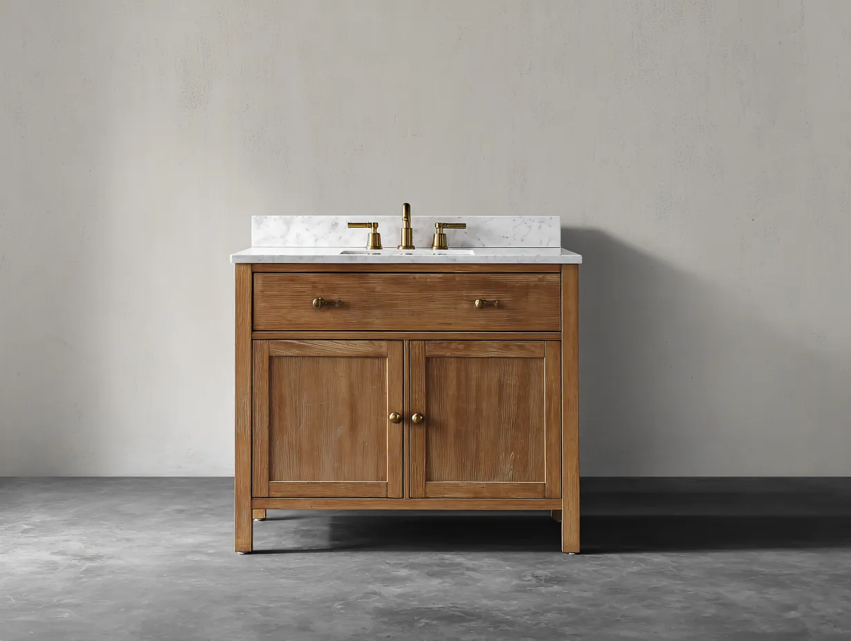 Waschbecken 80x48x86 cm - Warmes Holzbraun und Weiß - Badschrank mit Marmoroptik und klassischer Front für Badezimmer-Hadorfahaus