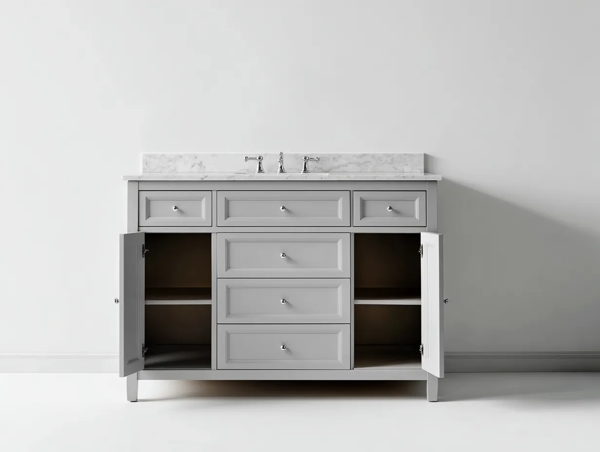 Waschbecken 110x50x88 cm - Grau und Weiß - Badezimmerschrank mit Marmoroptik und zentralen Auszügen-Hadorfahaus