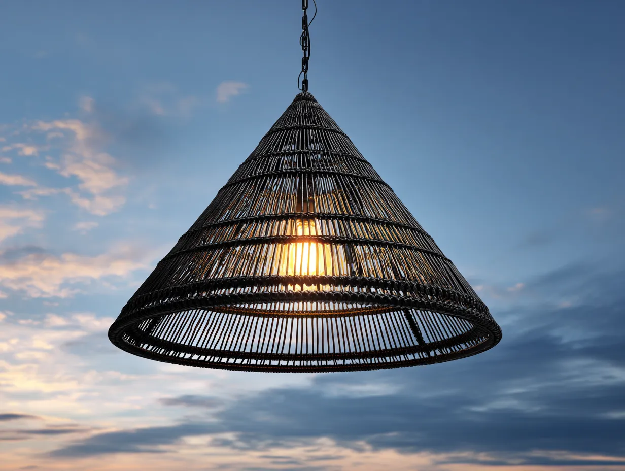 Hängelampe Rattan 78x78x42 cm - Schwarz - Outdoor Kegelleuchte mit offenem Flechtschirm-Hadorfahaus
