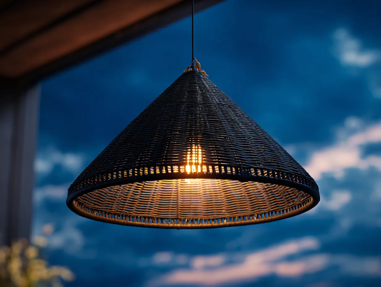 Hängelampe Rattan 70x70x38 cm - Schwarz - Outdoor Pendelleuchte mit flachem Kegelschirm-Hadorfahaus