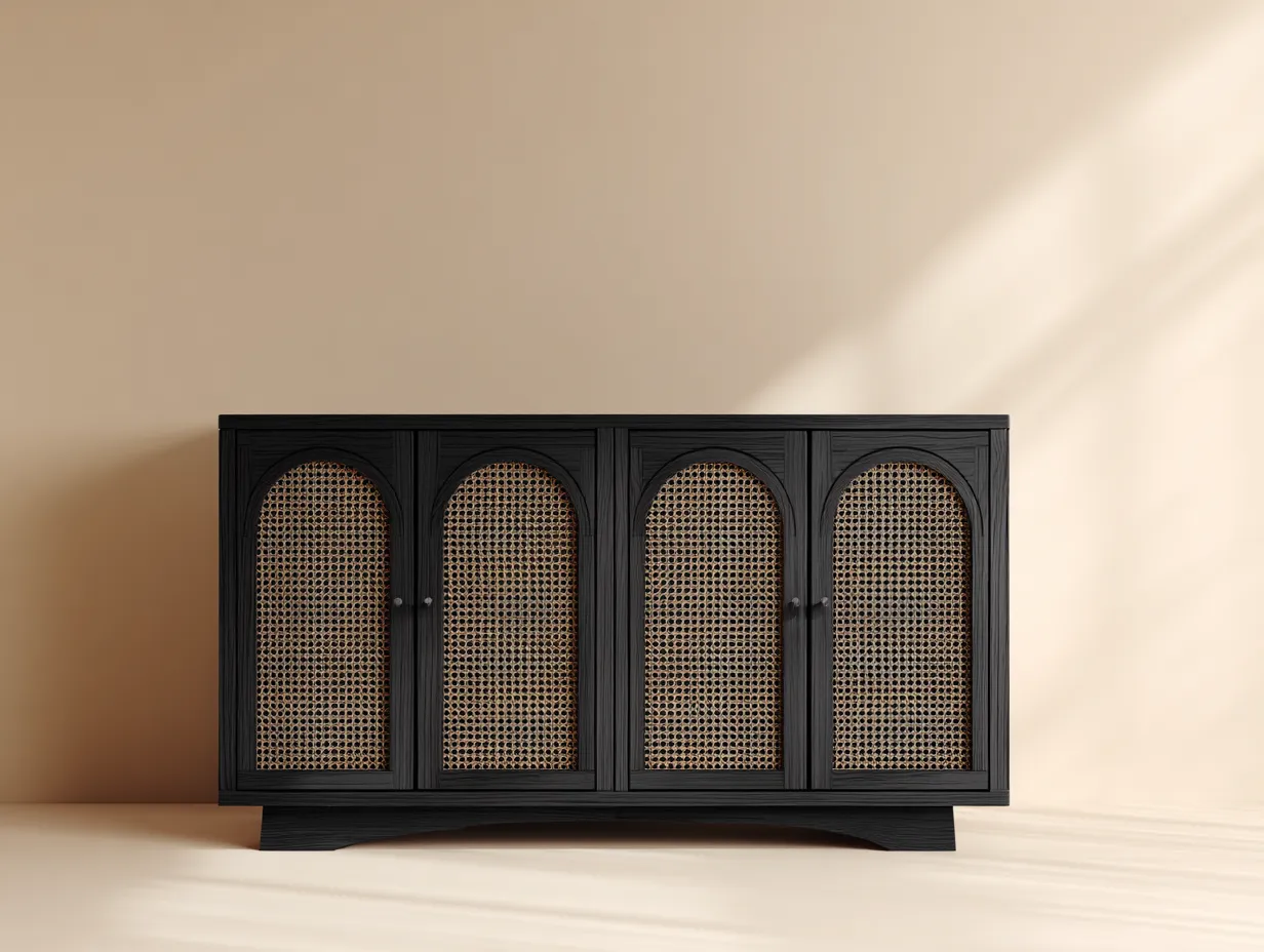 Sideboard 175x43x83 cm - schwarz und naturfarben - Rattangeflecht und Holz für das Esszimmer im wohnlichen Stil-Hadorfahaus