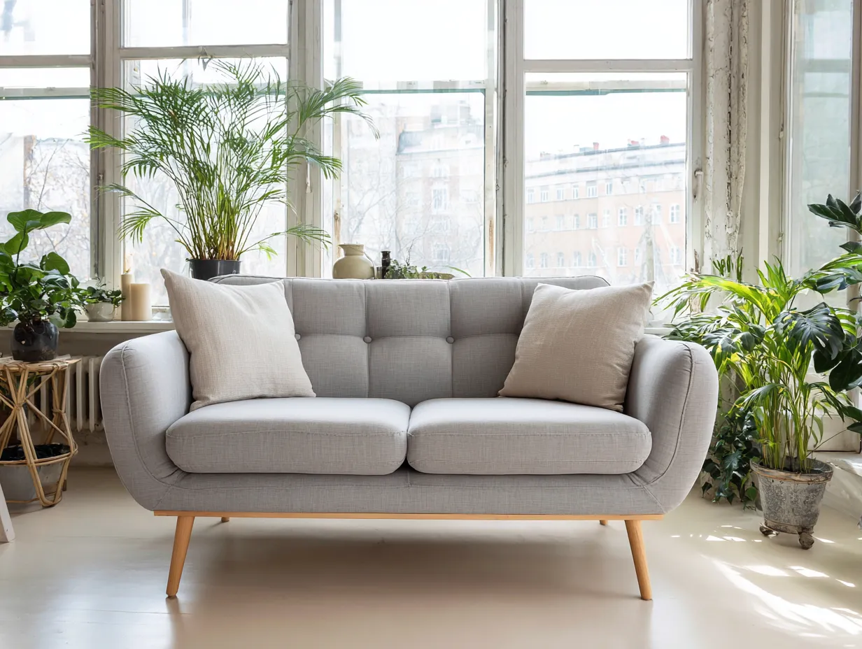 Zweisitzer Sofa mit Knopfdetail 158x84x80 cm - lichtgrau und eiche - für das Wohnzimmer - wohnliche Linienführung-Hadorfahaus
