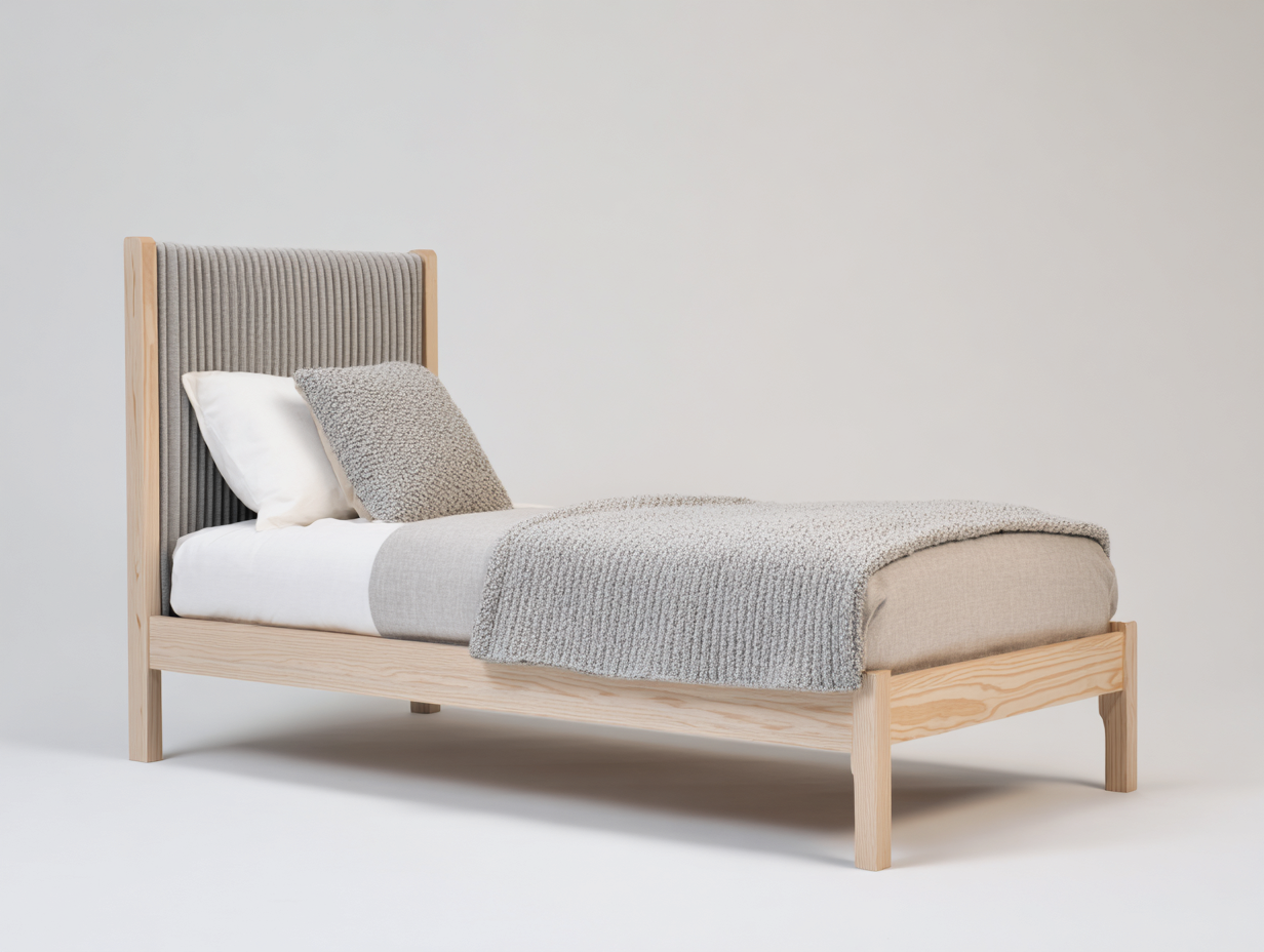 Einzelbett aus Holz 204 x 96 x 110 cm - Natur-Grau - für Schlafzimmer - mit gepolstertem Kopfteil - modernes Design-Zadoriacasa