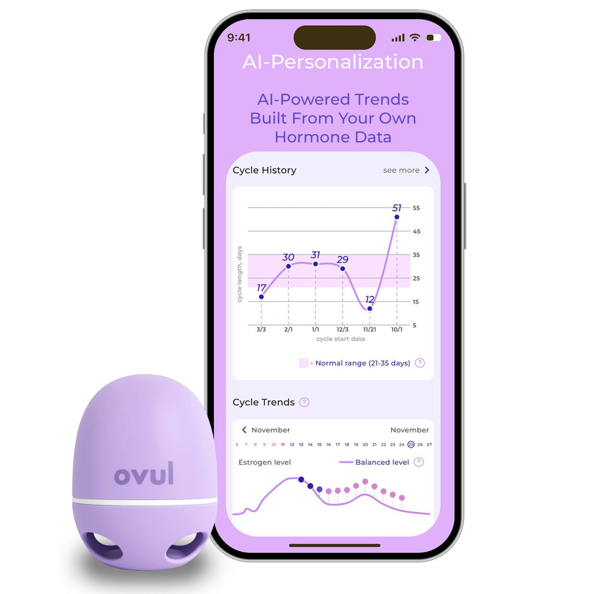 Ovul app on a phone next to the saliva tracker