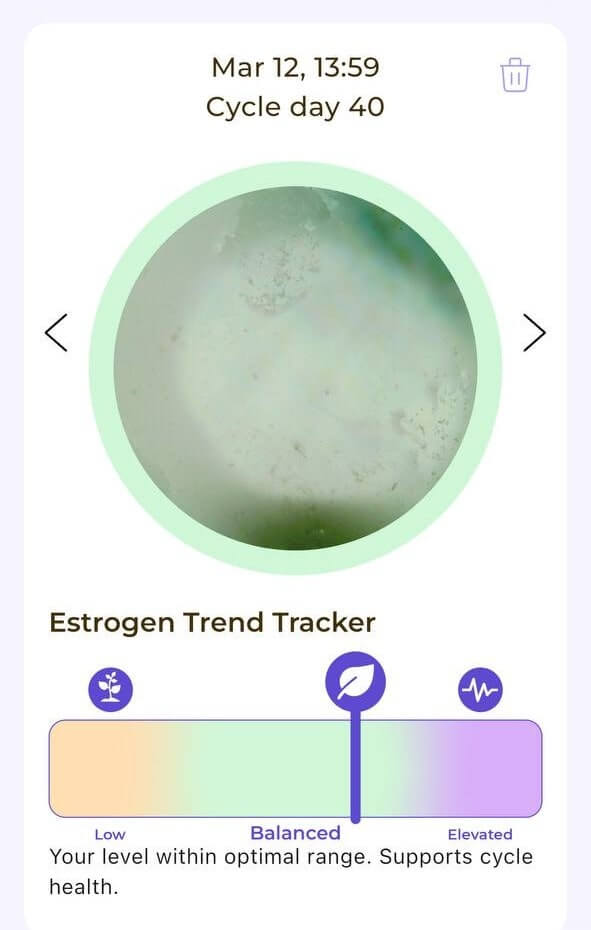 Ovul AI estrogen trend tracker showing balanced levels on cycle day 40 in user with PCOS