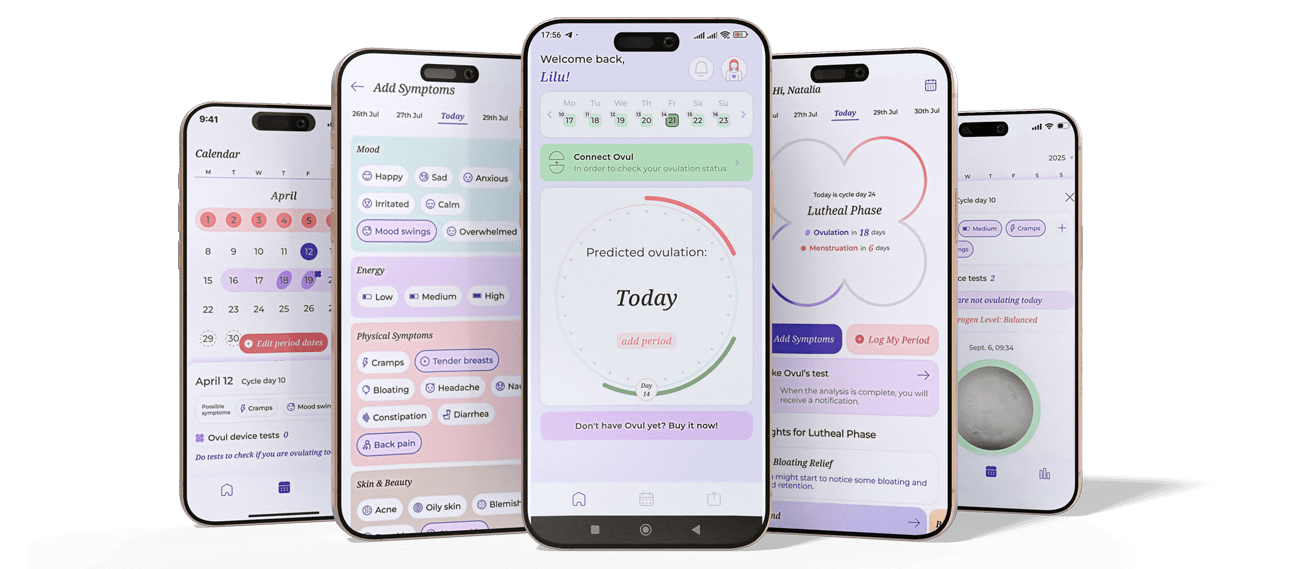 Ovul app screens showing period tracking and estrogen insights