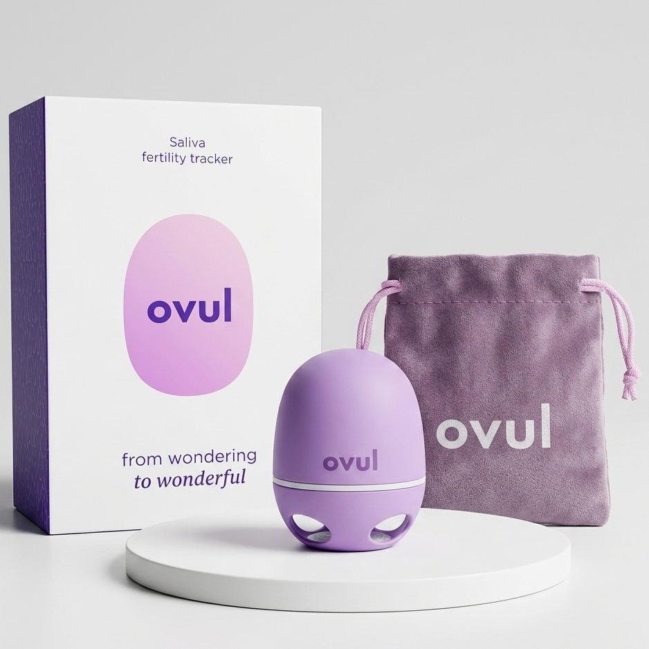 Ovul AI digital ovulation test kit with device, box, and travel pouch