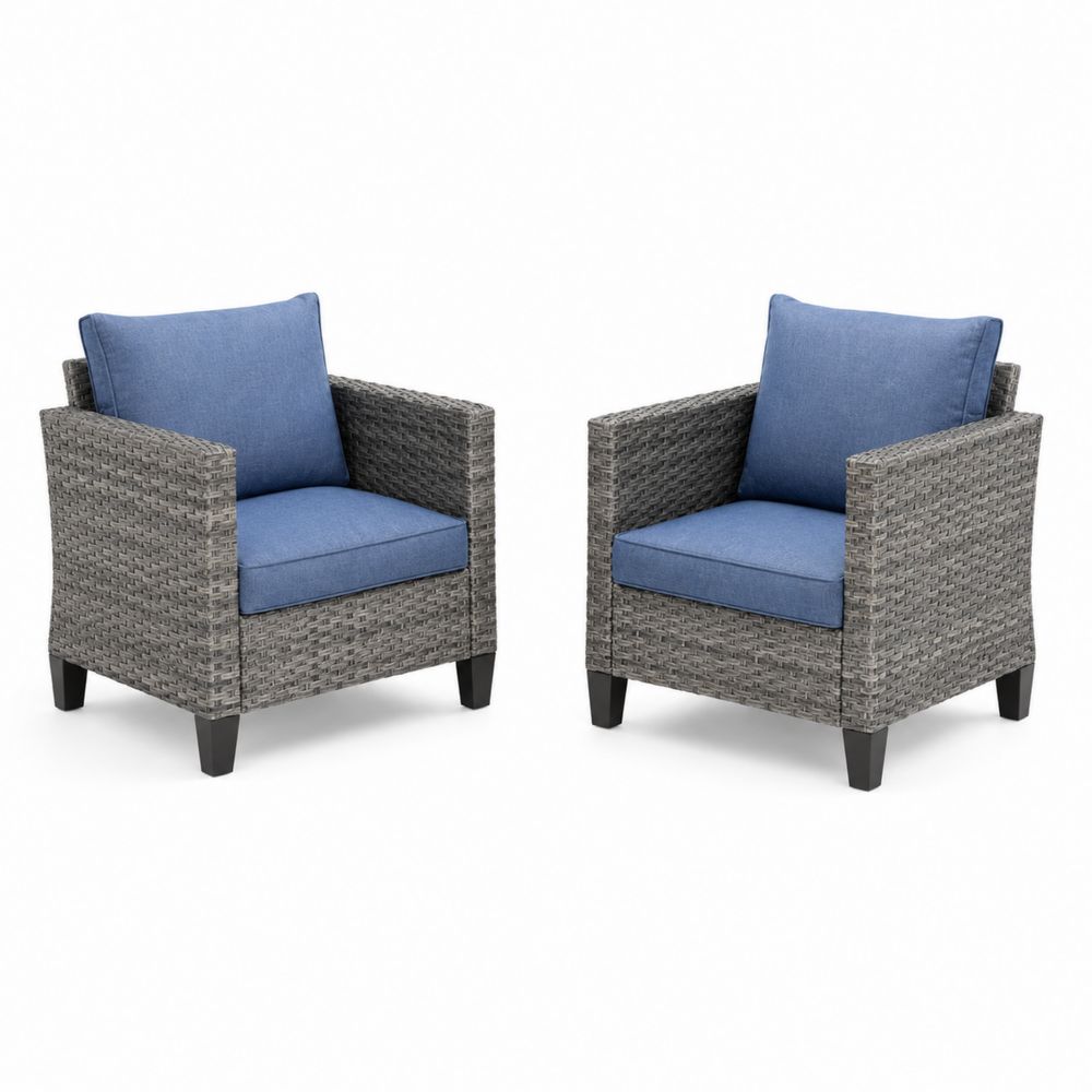 Fauteuils d'extérieur en résine tressée avec coussins en polyester bleus