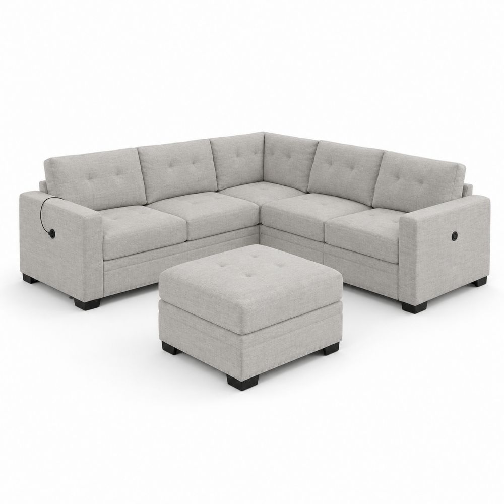 Canapé modulaire en tissu avec ottomane et pieds en bois