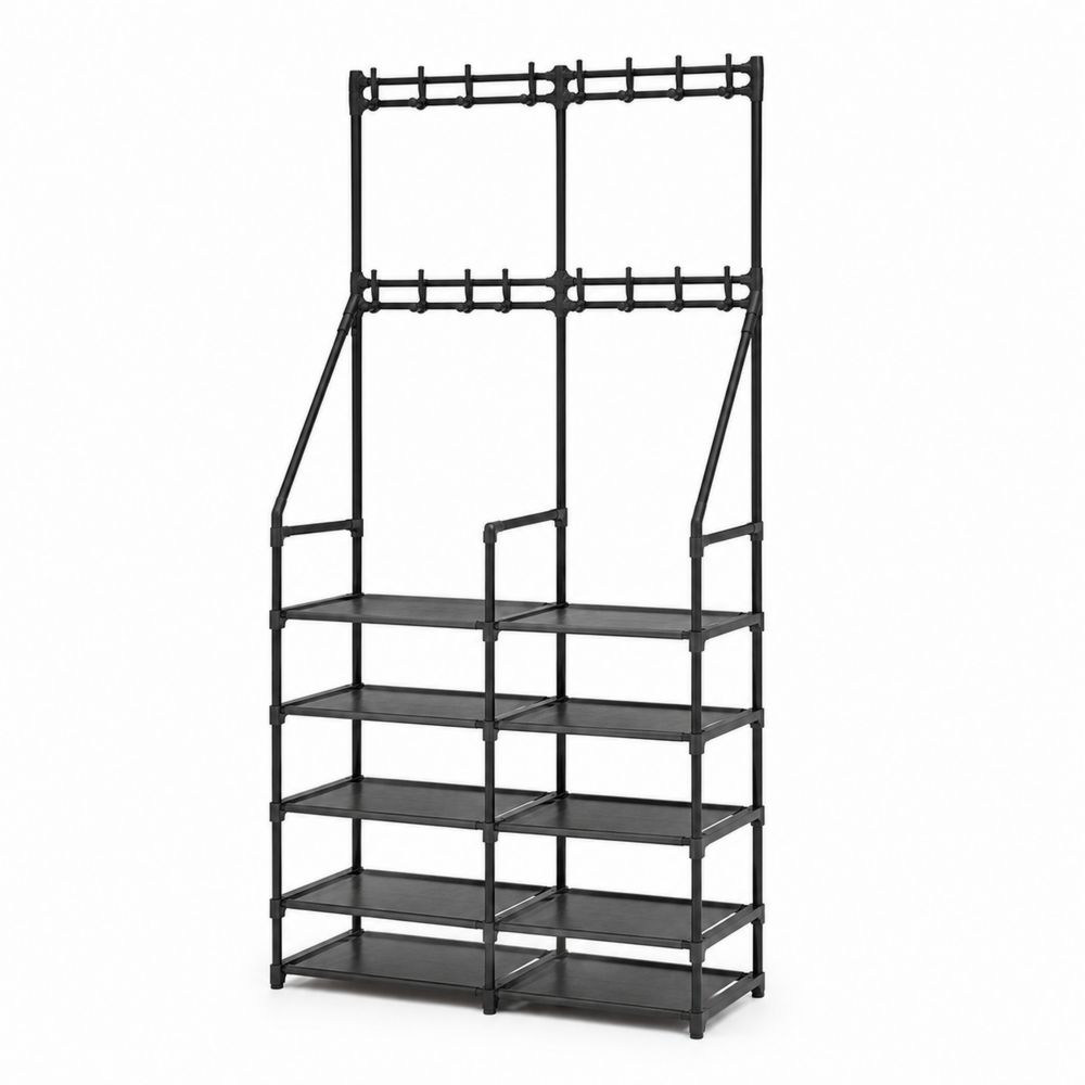 Portemanteau en métal noir avec 6 étagères