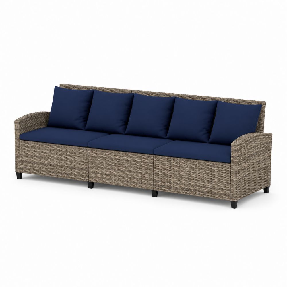 Canapé en osier synthétique 210 cm avec coussins bleus