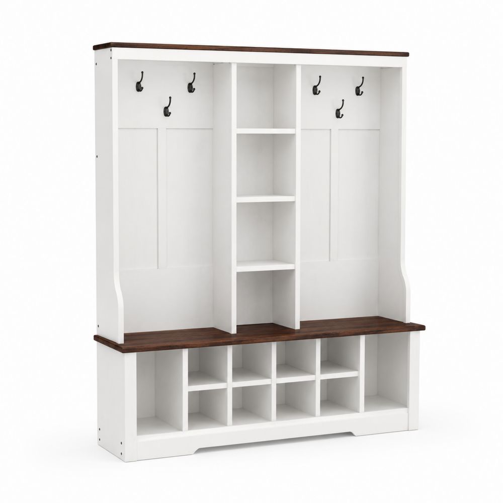 Porte-manteau en bois MDF Blanc avec Étagères et Crochets Noyer