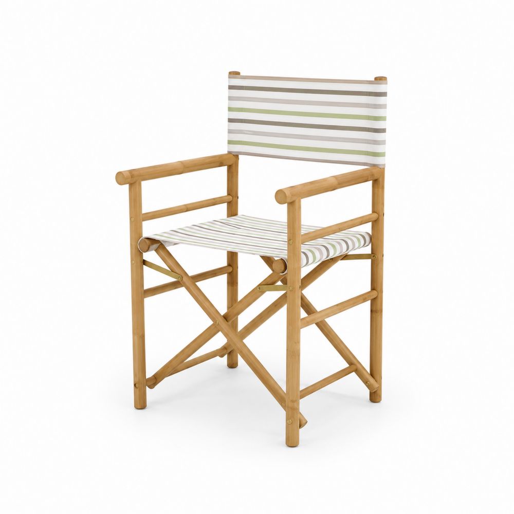 Chaise pliante en bambou avec tissu rayé beige, vert et blanc