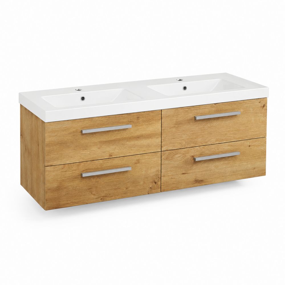 Meuble sous lavabo mural en bois avec double vasque en céramique blanche