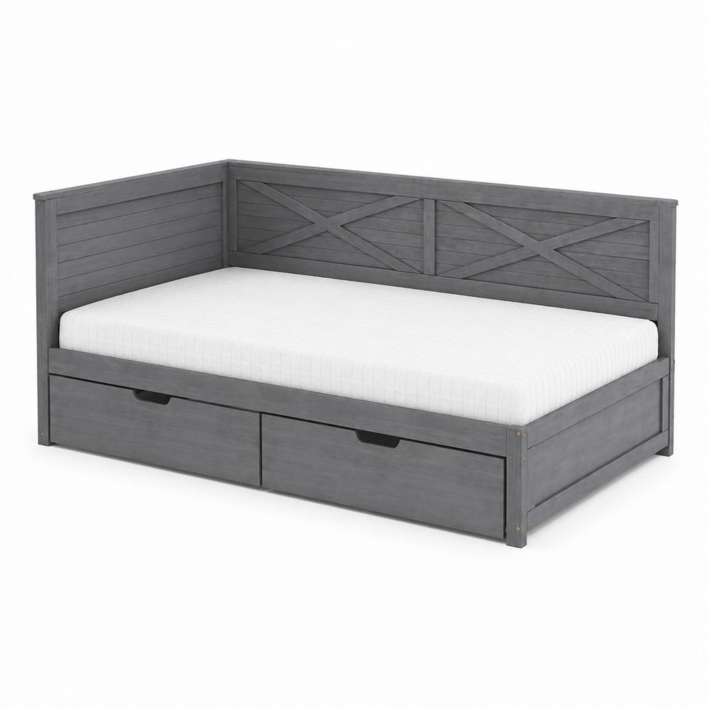 Lit de repos en bois gris avec tiroirs et matelas