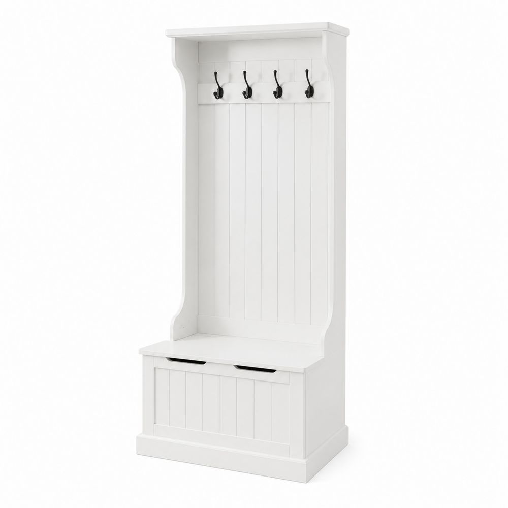 Portemanteau avec banc de rangement en bois Blanc