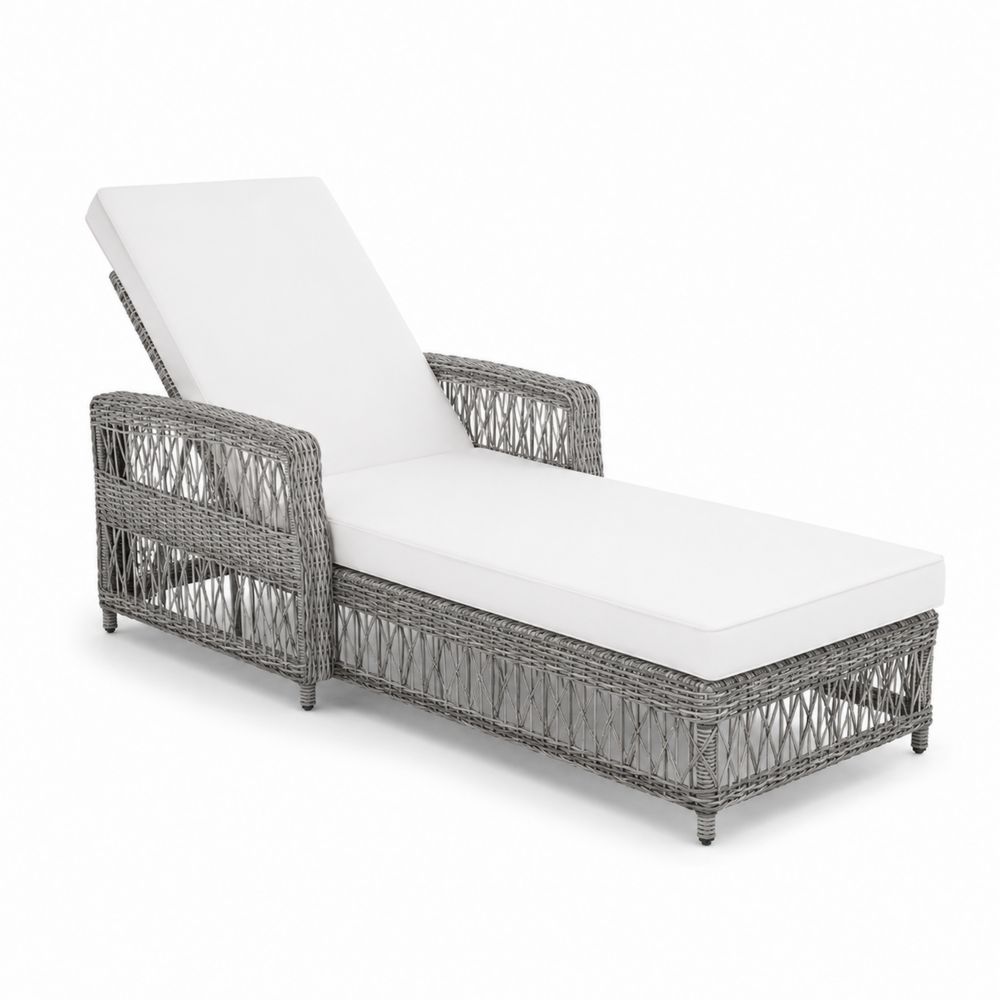 Chaise longue en rotin synthétique avec coussin blanc