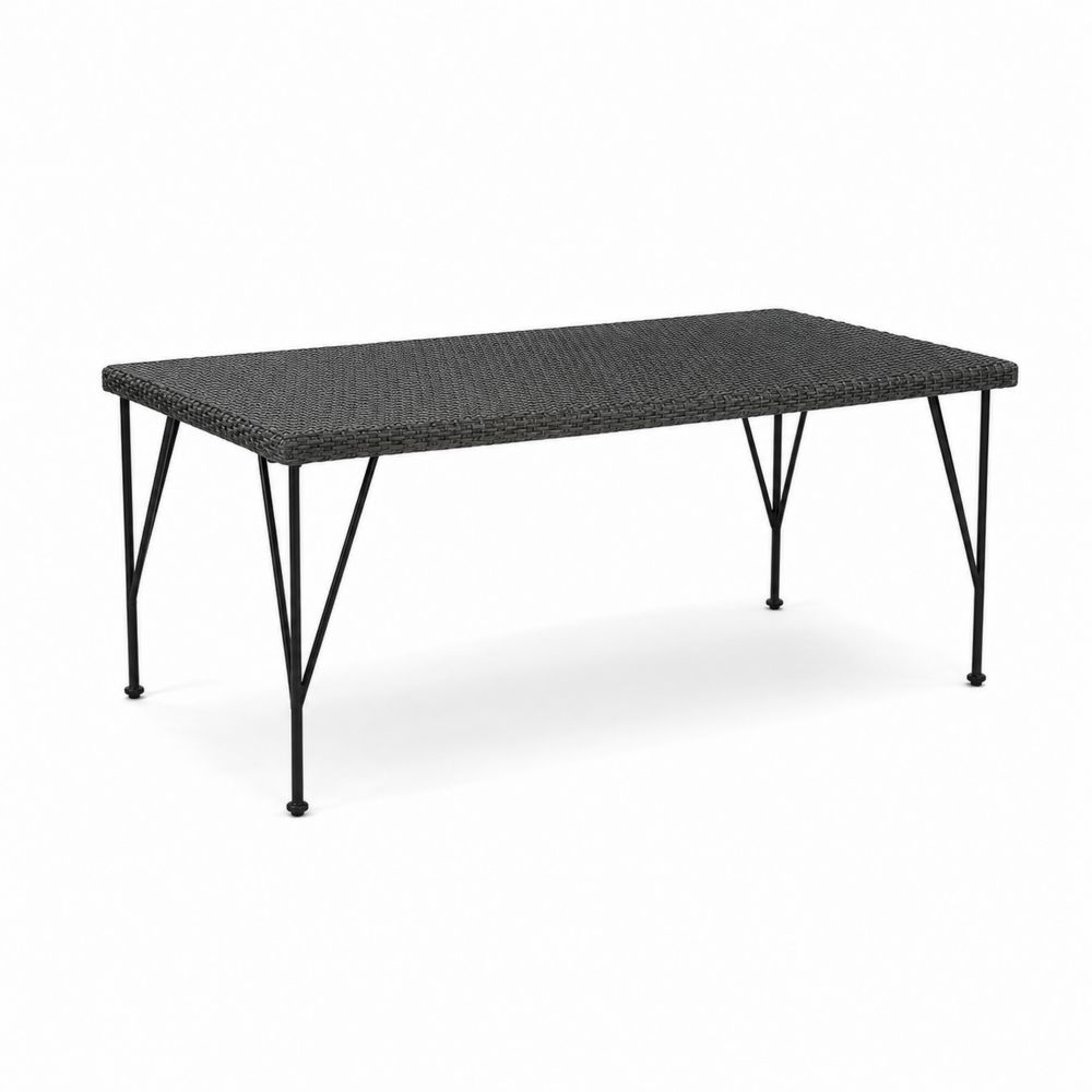 Table de patio rectangulaire en résine tressée avec pieds en acier 150x90x75 cm Gris
