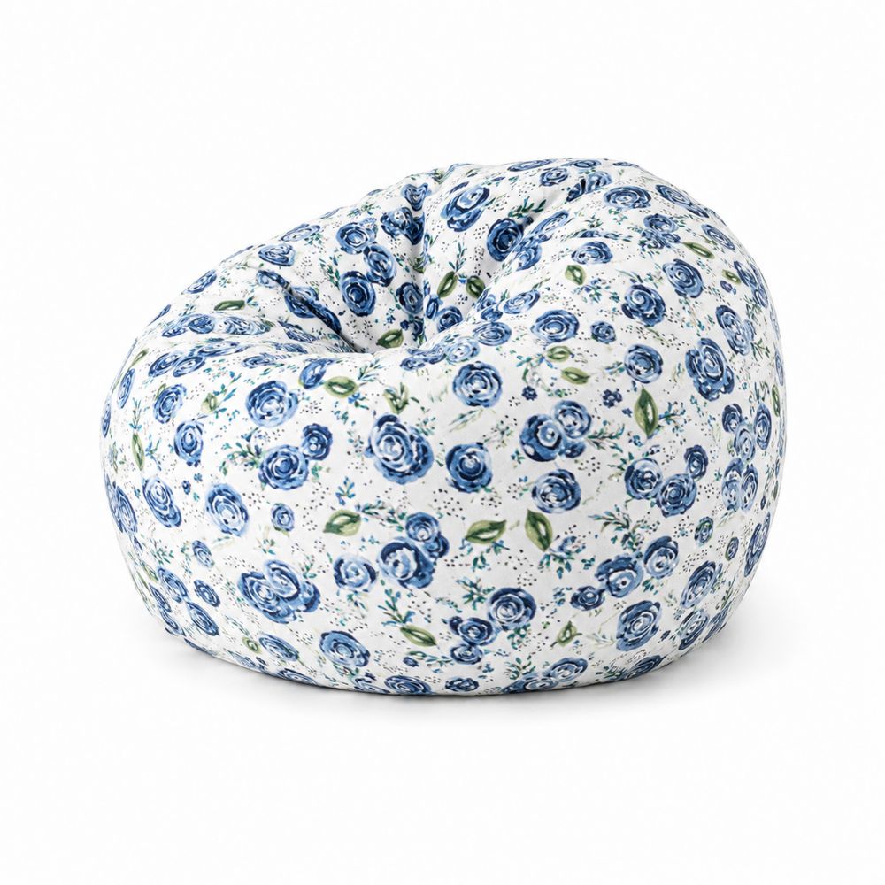 Fauteuil poire en coton motif floral bleu et blanc, 80x80x80 cm