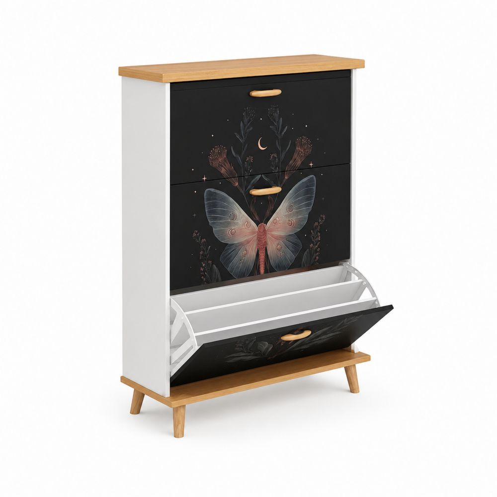 Meuble à chaussures en bois noir et blanc avec motif papillon 90x60x24 cm
