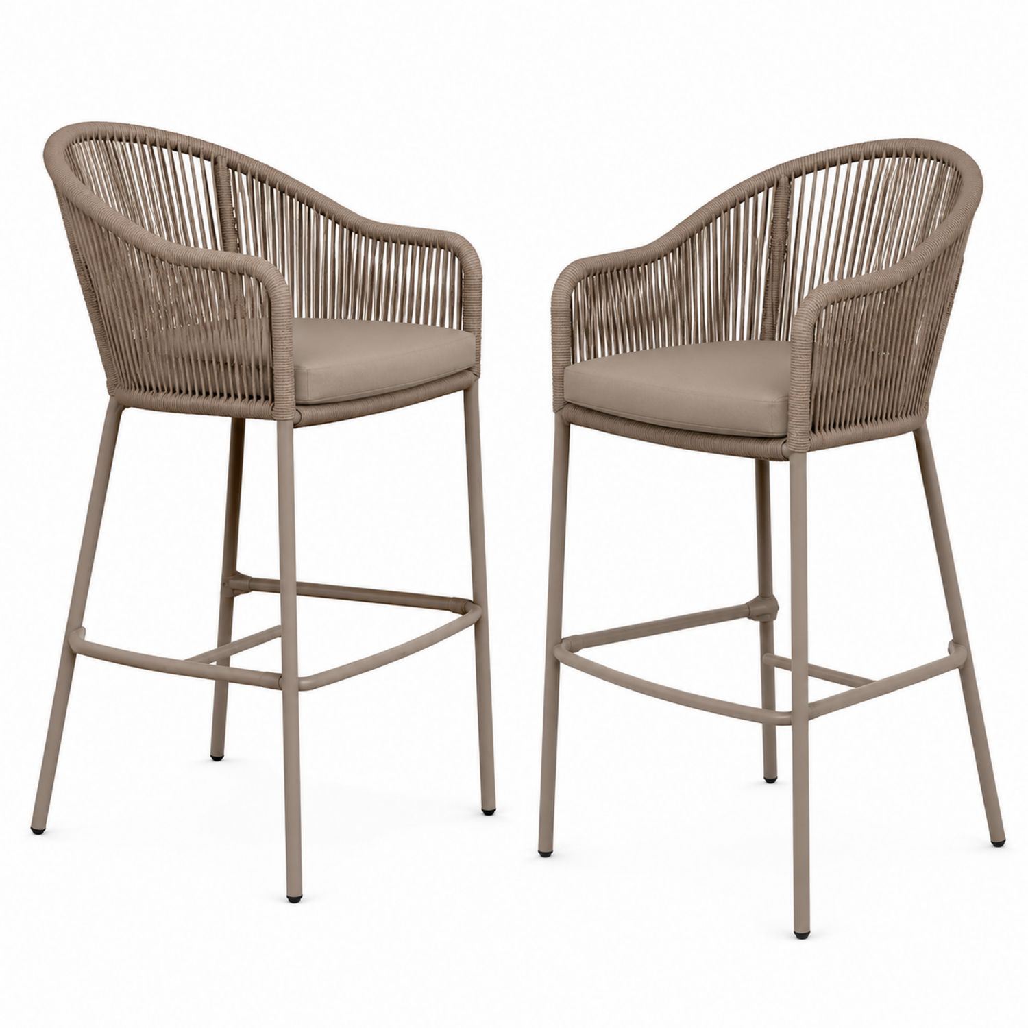 2er Set Barhocker aus Stahl mit Polyrattan und Polyesterkissen, Beige