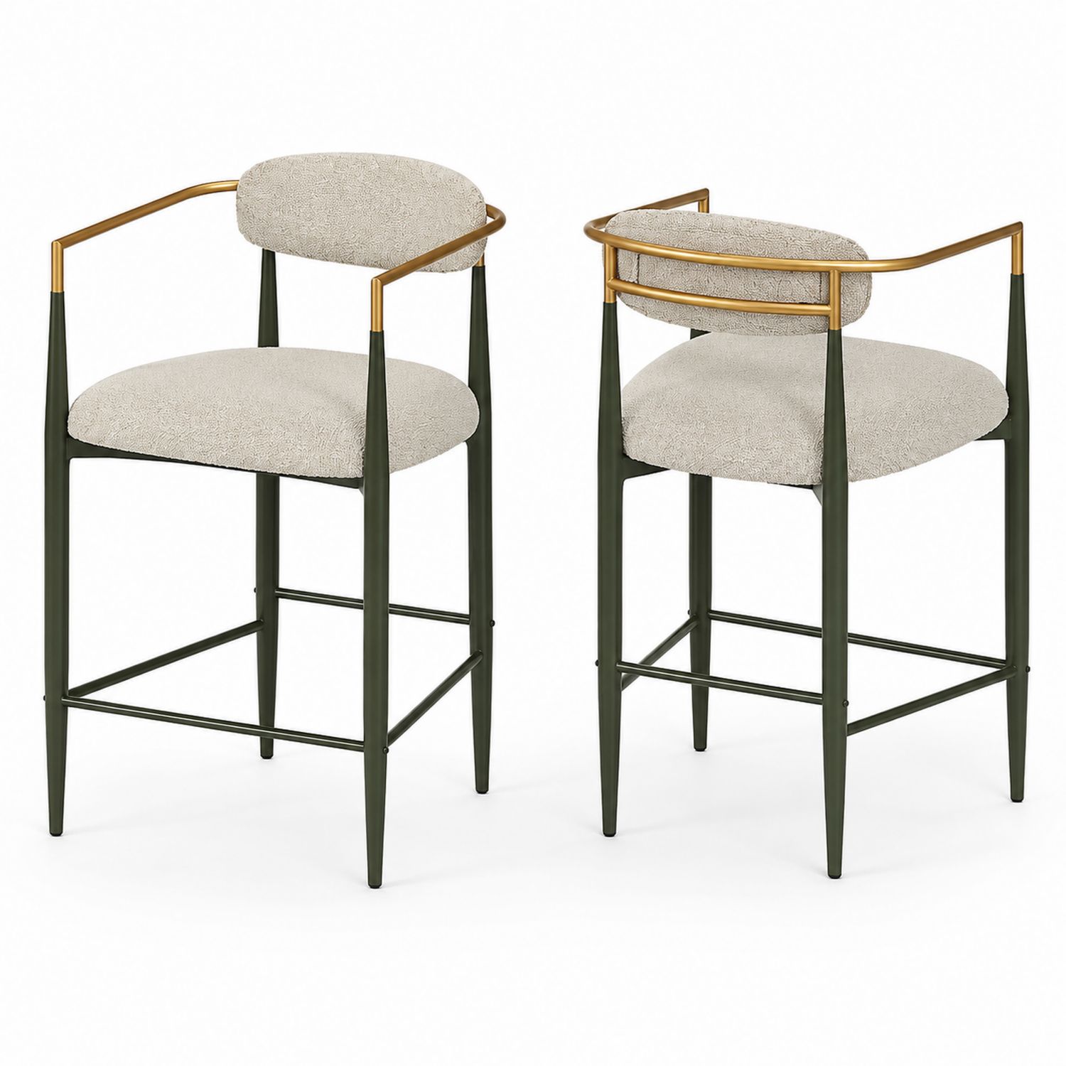 2er-Set Barhocker - Metallrahmen mit Textilpolsterung - Beige/Grün/Gold - Höhe 75 cm