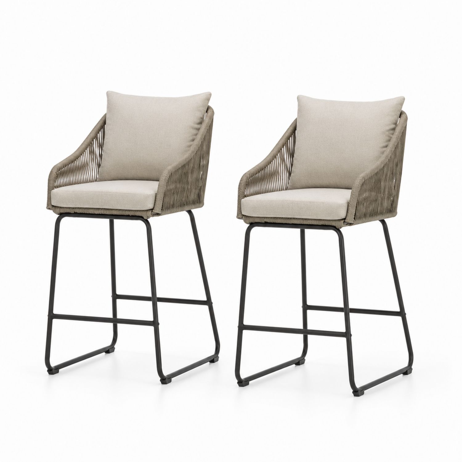 2er Set Barhocker mit Polyestergarn Geflecht Beige und Metallrahmen