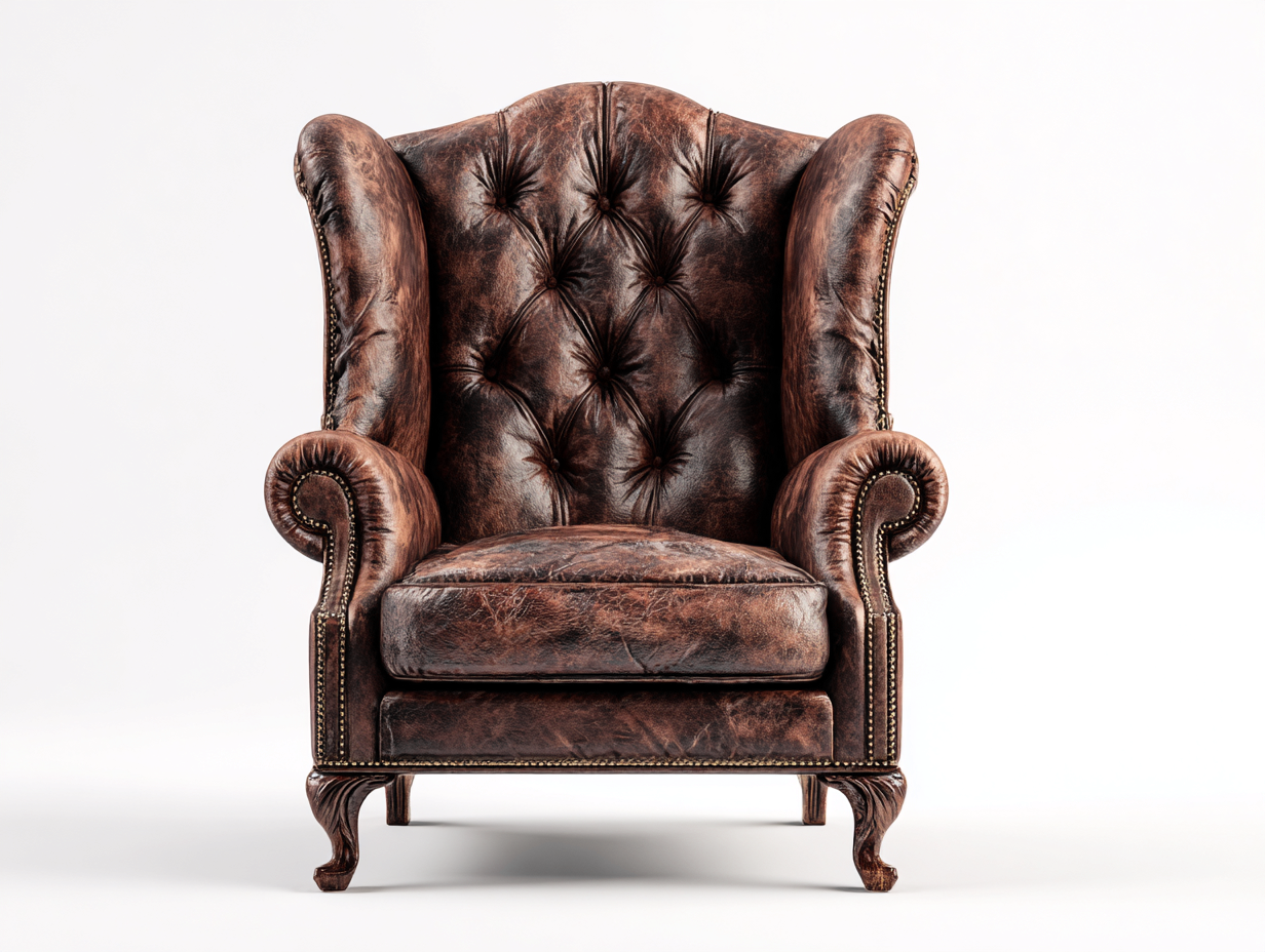 Sillón orejero cuero envejecido 88x92x112 cm marrón oscuro estilo clásico capitoné-Viromidecor
