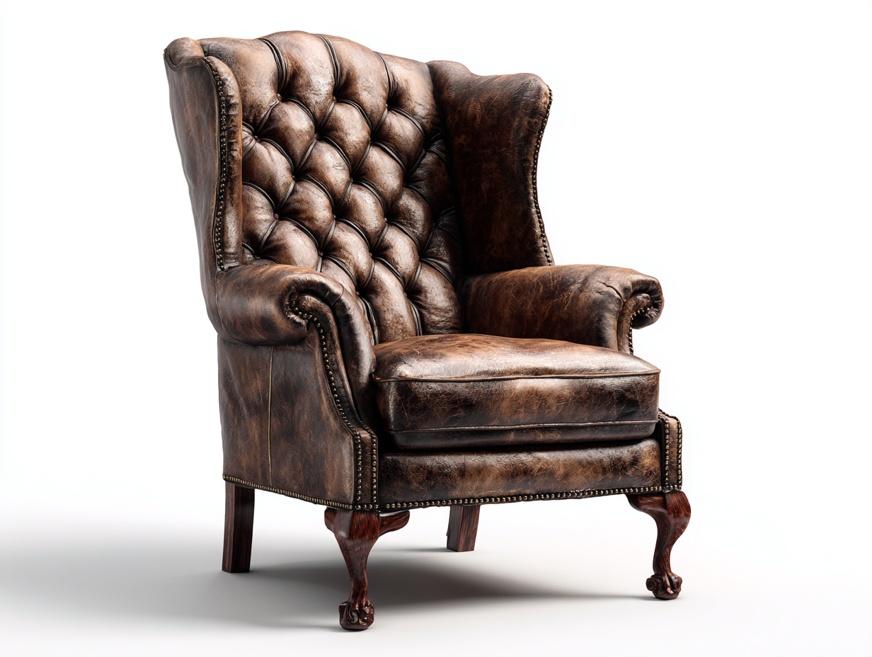 Sillón orejero cuero sintético y madera 90x85x115 cm marrón envejecido para salón - estilo clásico-Viromidecor