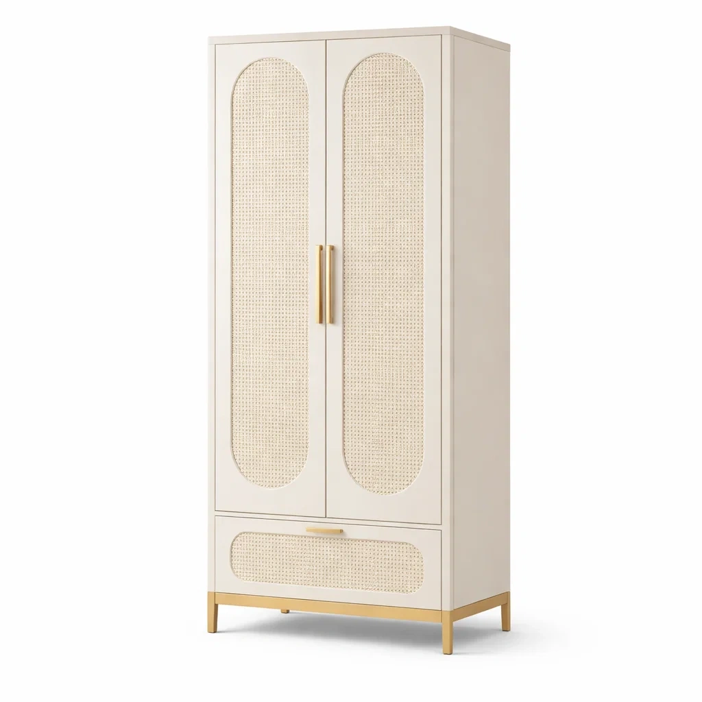 Holz Kleiderschrank mit Rattanbespannung und Metallfüßen, Creme/Gold-LIVARIVA