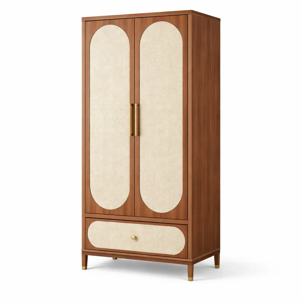 Holz-Kleiderschrank mit Rattantüren und Schublade in Braun/Beige-LIVARIVA