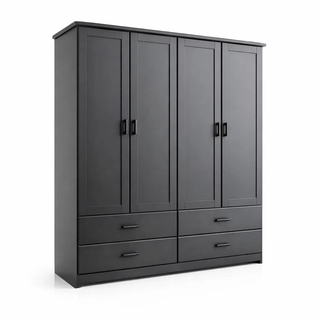 Schwarzer Kleiderschrank mit 4 Türen und 4 Schubladen aus Holzwerkstoff 180x60x200 cm-LIVARIVA