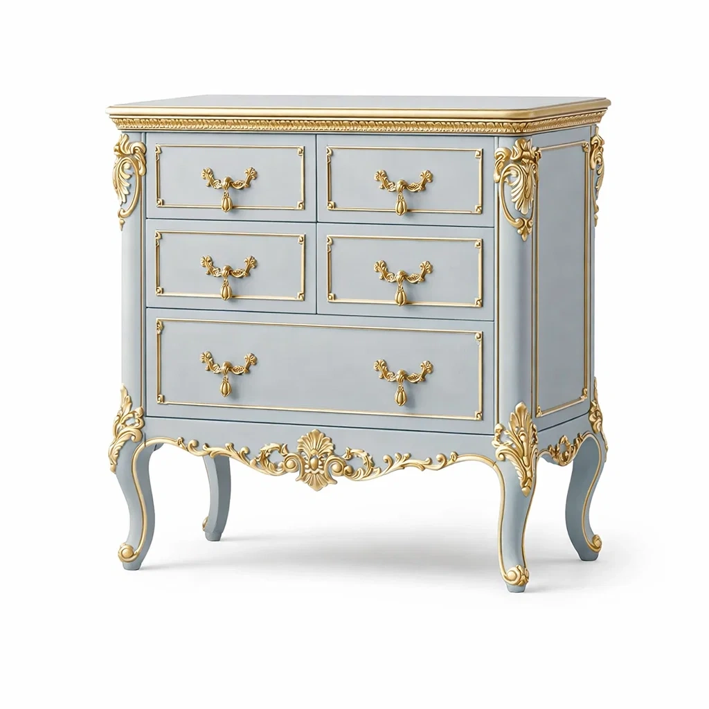 Kommode im Barockstil mit 5 Schubladen aus MDF in Grau und Gold-LIVARIVA