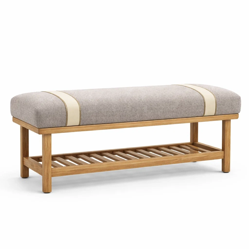 Polsterbank Rechteckig Beige Leinen Holz-LIVARIVA
